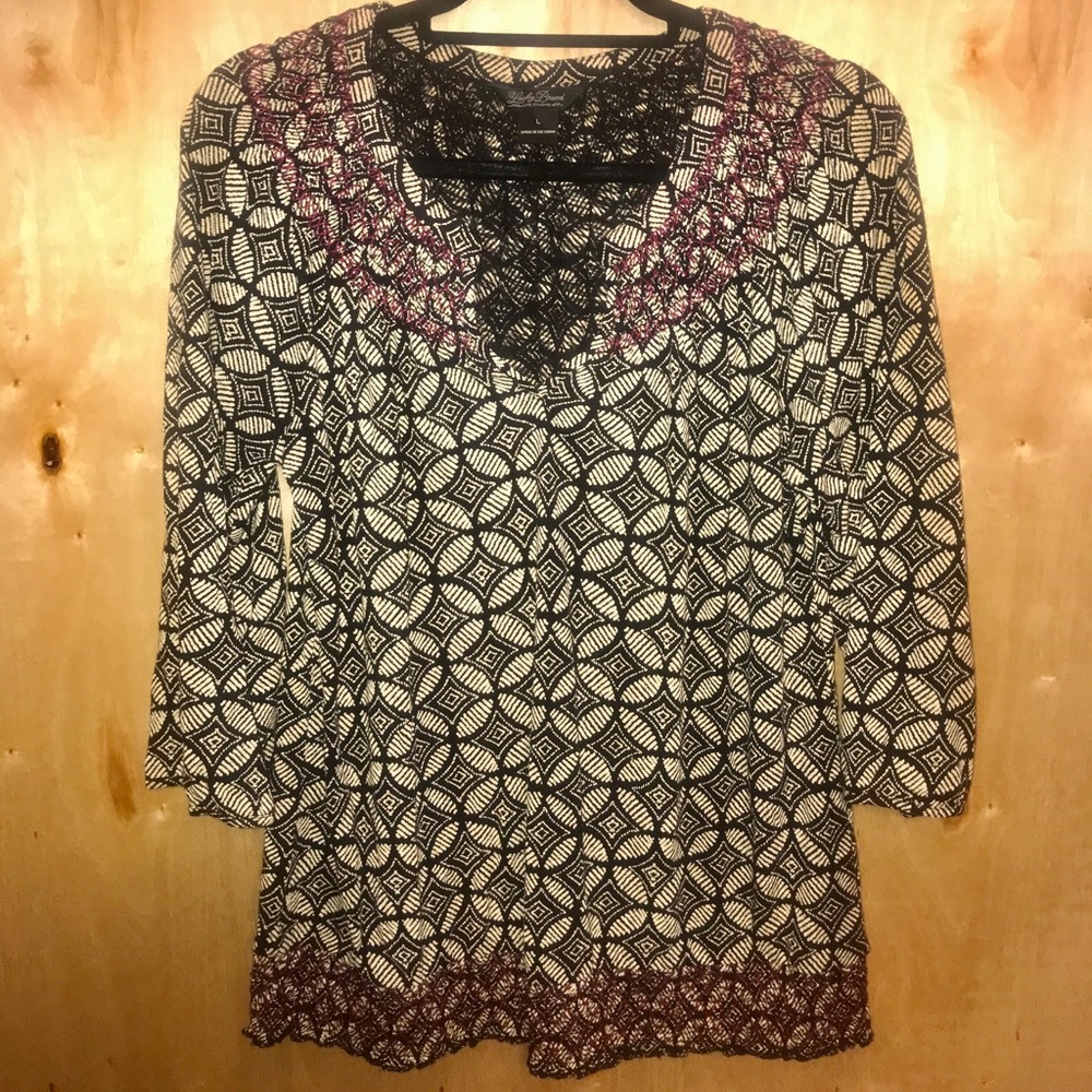 Lucky 3/4 Sleeve Black Patterned Blouse, Sz L